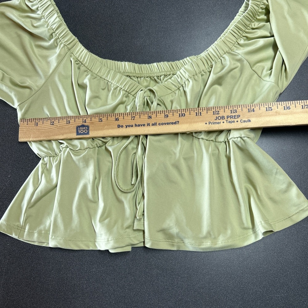 Green Balloon Sleeve Crop Top Sweetheart Neckline Babydoll Peplum Blouse S - Picture 4 of 8